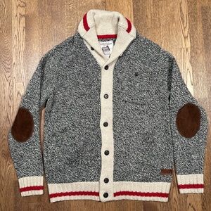 Roots Cabin Shawl Collar Cardigan Sweater Wool Blend Elbow Patch Mens XL